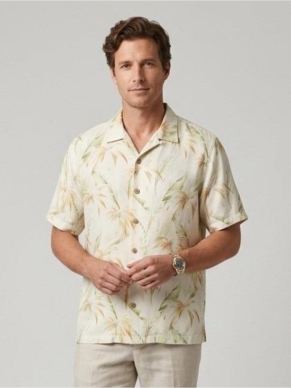 Tommy Bahama Cream Palm-Print Short Sleeve Camp Shirt- 100% silk